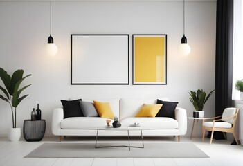 A white sofa with pillows, A poster on a wall, and pendant lights in a bright modern interior, Empty Space