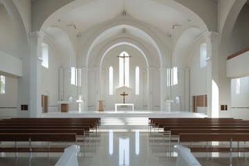 Fototapeta premium The church is empty and the sun is shining through the stained glass windows