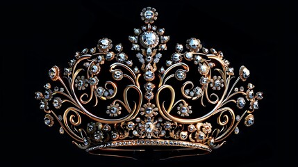 Craft an opulent emblem showcasing a radiant crown adorned with intricate filigree work, set against a backdrop of velvety black, exuding timeless elegance.