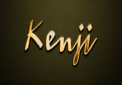 Old gold text effect of Japanese name Kenji with 3D glossy style Mockup.