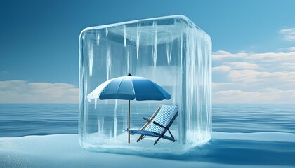 Refreshing summer vacation concept. Beach chair, umbrella and beach accessories frozen in an ice cube. Creative tropical background for postcard, flyer, poster. 3D illustration, copy space, banner.