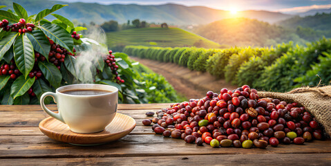 Hot coffee cup with fresh organic red coffee beans and coffee roasts on the wooden table and the plantation background