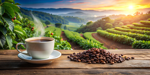 Hot coffee cup with fresh organic coffee roasts on the wooden table and the plantation background