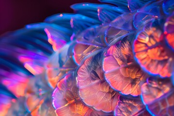 Obraz premium Macro shot of rainbow multicolored, vibrant fish scale texture that changes color in the light. Close up. 