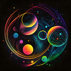Abstract space-like background with colorful circles or light bubbles in a vector design pattern, Cyberpunk Art, generative AI.