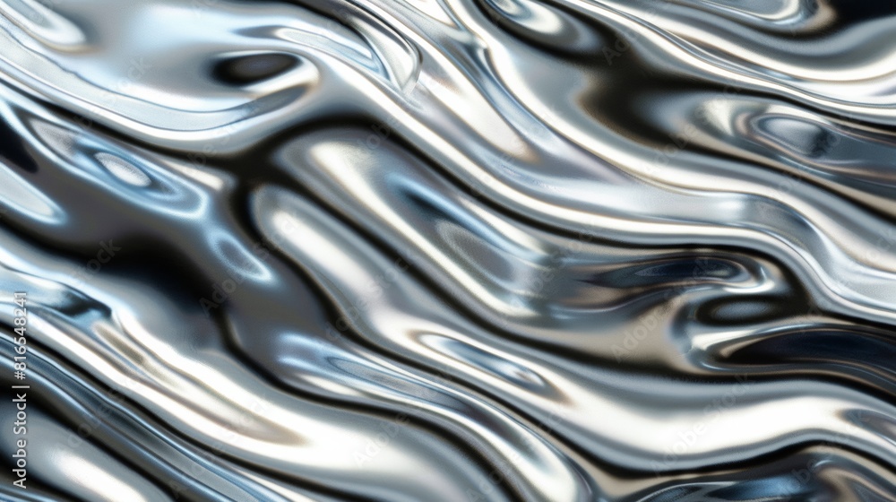 Poster close-up of flowing metallic surface with reflective liquid patterns