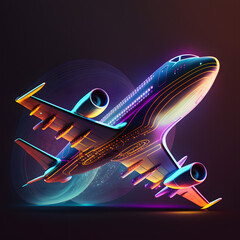 Vector illustration of a commercial airplane soaring above a cityscape, perfect for travel and tourism designs, Cyberpunk Art, generative AI.