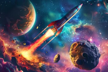 Vibrant space rocket journey through a colorful cosmic scene. Exploring galaxies and celestial bodies in a dreamy universe. Sci-fi adventure in digital art. Generative AI