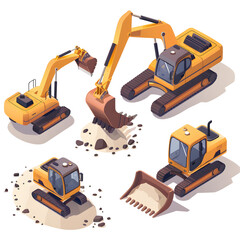 Isolated set of yellow construction machines including excavator, bulldozer, and truck, element, generative AI.