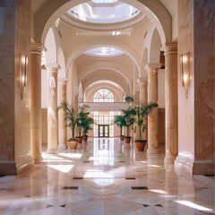 Fototapeta premium interior of hall lobby,modernism style,bright white,partially wood tone,plantimg,matte-textured floor,wide view,soft lighting