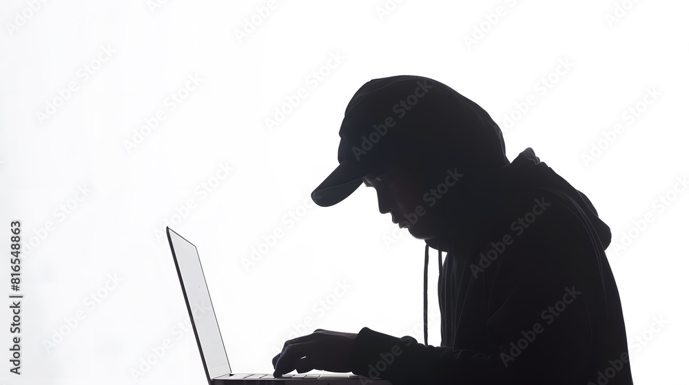 Poster Silhouette of hacker with laptop on white background : Generative AI