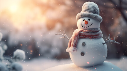 Obraz premium Landscape with snowman in the snow. Christmas season. Space for text
