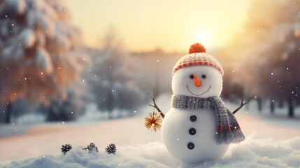 Obraz premium Landscape with snowman in the snow. Christmas season. Space for text