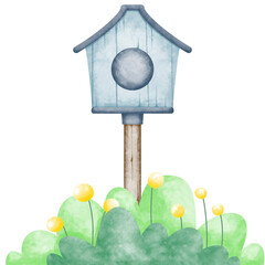 Wooden Bird House with Bush Watercolor