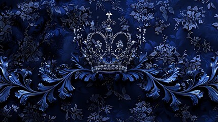 Fashion an elegant symbol featuring a crown adorned with intricate floral motifs, against a backdrop of velvety midnight blue, symbolizing timeless grace and beauty.
