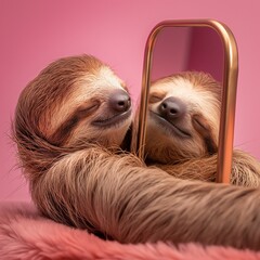 A sloth narcissist sleeps with a mirror. Portrait of an adorable sloth sleeping in front of a mirror with his reflection, minimalistic studio concept photo. Pink background.