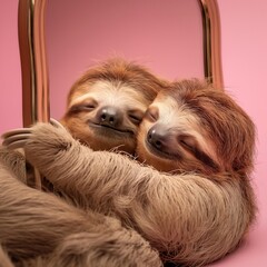 A sloth narcissist sleeps with a mirror. Portrait of an adorable sloth, sleeping in front of a mirror hugging it,minimalistic studio concept photo. Pink background.