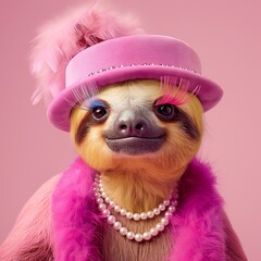 Lady sloth with a pearl necklace, pink hat, and makeup eyelashes, sloth has pink, yellow, purple hair, minimalistic, studio concept photo, pink background