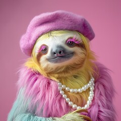 Adorable lady sloth with a pearl necklace, pink hat, and makeup eyelashes, sloth has pink, yellow, purple hair, minimalistic, studio concept photo, pink background