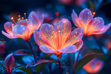 Blacklight botanical garden, exotic flowers glowing, enchanting and colorful