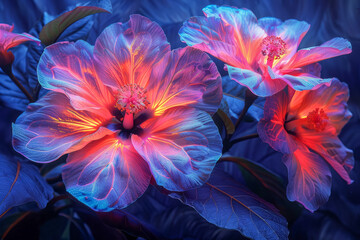 Obraz premium Blacklight botanical garden, exotic flowers glowing, enchanting and colorful