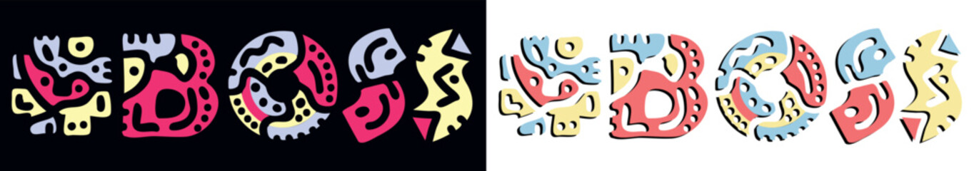 BOSS Hashtag. Doodle isolate text. Colored curves decorative doodle letters. Folk artwork style. Adult Hashtag #BOSS for print, booklet, banner, flyer. Stock vector.