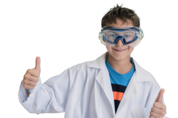 PNG image of child wearing lab coat with thumbs up