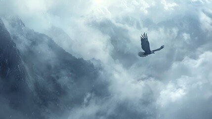 High above the mist-shrouded mountains, a bald eagle glides on thermals, its keen eyes scanning the landscape below, while wisps of clouds dance around its majestic form,