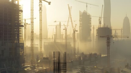 A cinematic construction site with towering cranes and bustling workers, unfinished skyscrapers rising against the skyline, dusty air with sunlight breaking through, energetic and ambitious