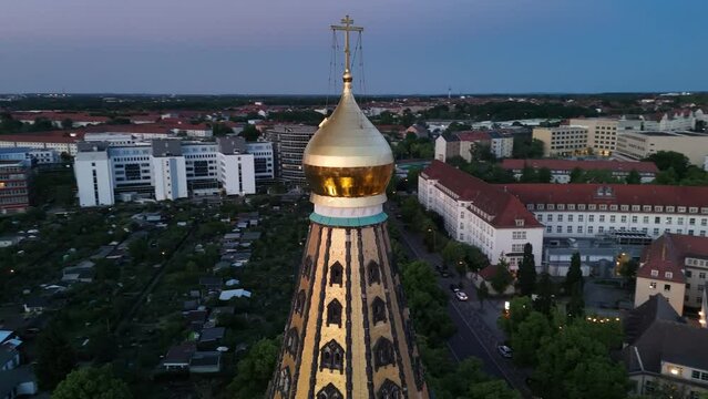 Leipzig - Russisch Orthodoxe Kirche im Sonnenuntergang - Drohnenaufnahme