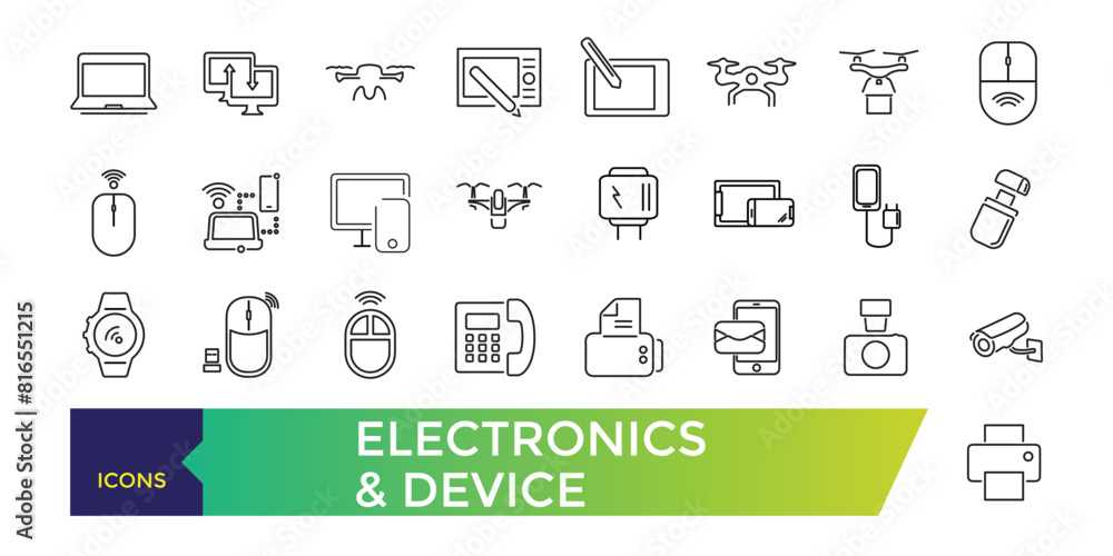 Poster electronics and device line icons with open path internet of things and smart gadgets with elements 