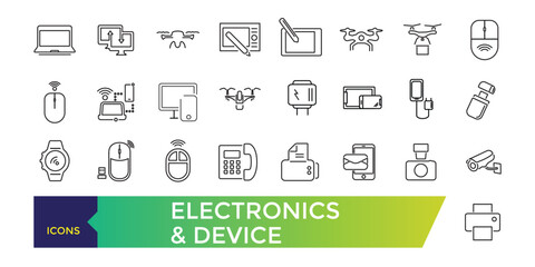 Electronics and Device line icons with open path internet of things and smart gadgets with elements for mobile concepts and web apps. UI icon collection and Vector illustration.