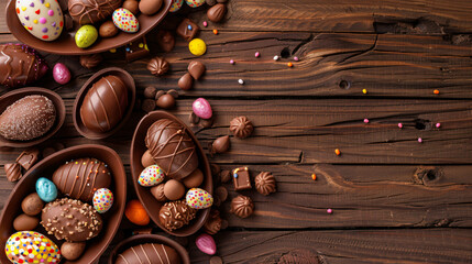 Chocolate Easter eggs and candies on brown wooden background