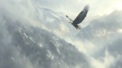 High above the mist-shrouded mountains, a bald eagle glides on thermals, its keen eyes scanning the landscape below, while wisps of clouds dance around its majestic form,