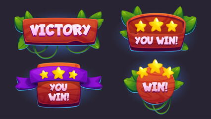 Game ui victory badge element, level winner award design with ribbon. Star score board for complete review template kit. Popup banner graphic for gift prize with leaves and tropic nature isolated gui.