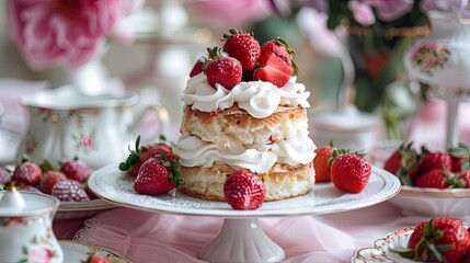 Strawberry shortcake with fresh whipped cream, high tea setting, elegant and classic, soft floral decor