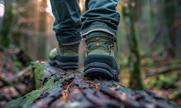 Closeup of green hiking shoes and rolled up blue jeans walking away on a log in the woods