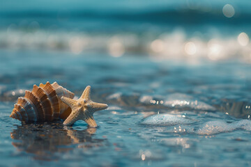 starfish and seashell on the summer beach in sea water