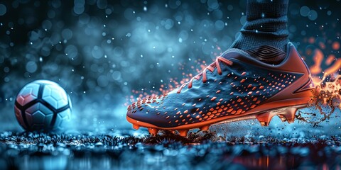 Side view of football boot kicking a soccer ball.