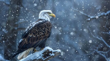 In the heart of a winter wonderland, a bald eagle stands sentinel on a snow-covered perch, its pristine plumage blending seamlessly with the frost-kissed landscape,