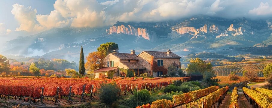 Wine landscape with vineyards during autumn in the Alella denomination of origin area in the province of Barcelona in Catalonia Spain