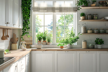 Cozy interior of kitchen with window in scandinavian style. Wooden white furniture i the kitchen and plants on a counter.