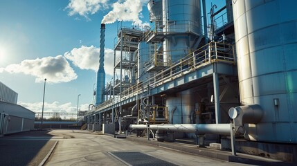 Obraz premium Garbage sorting plant general view of the whole building . A huge workshop with wide pipes. Ecological contribution to nature. The problem of ecology, waste recycling, reusable use, consumer culture.