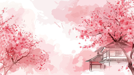 Hand drawn spring background with blooming sakura jap