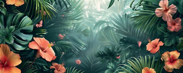 Abstract background with vines and tropical flowers. Copy space. Banner