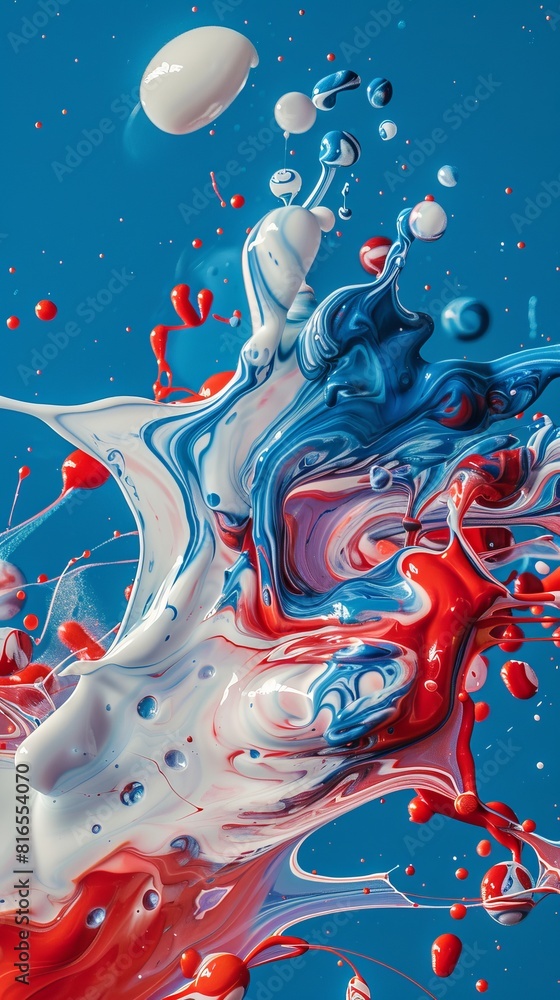 Aufkleber mix of red white blue color paints with blended drops on fluid while forming abstract patterns again