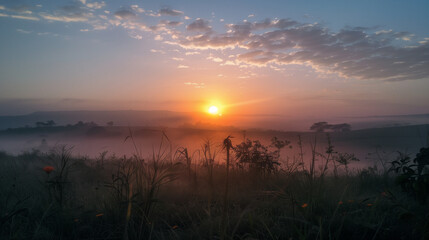 Obraz premium Sunrise Hope: A serene photo of the sunrise over a landscape, symbolizing new beginnings and hope for those affected by cancer, Photo world cancer day