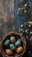 Easter Banner featuring a Basket of Eggs on Dark Wood floor. Decorated Eggs with Flowers and copy-space.
