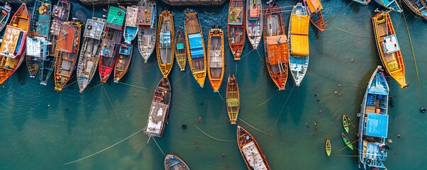 Aerial view of many boats and fishing boats docket at Malpe New Port, Udupi, Karnataka, India.