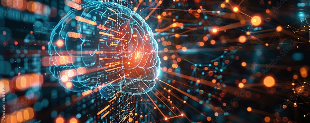 Poster digital brain interface melds with futuristic finance networks, visualizing neural connections as it